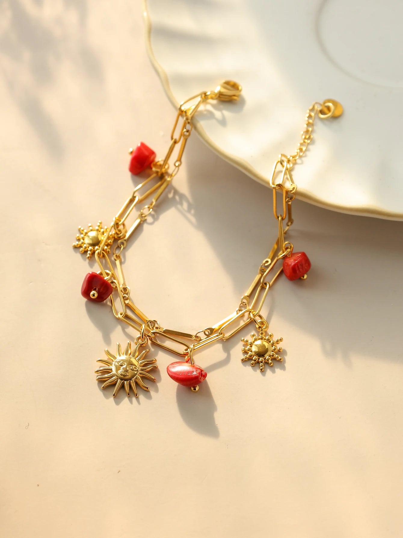 Bracelet Double Chaîne Pierre Rouge