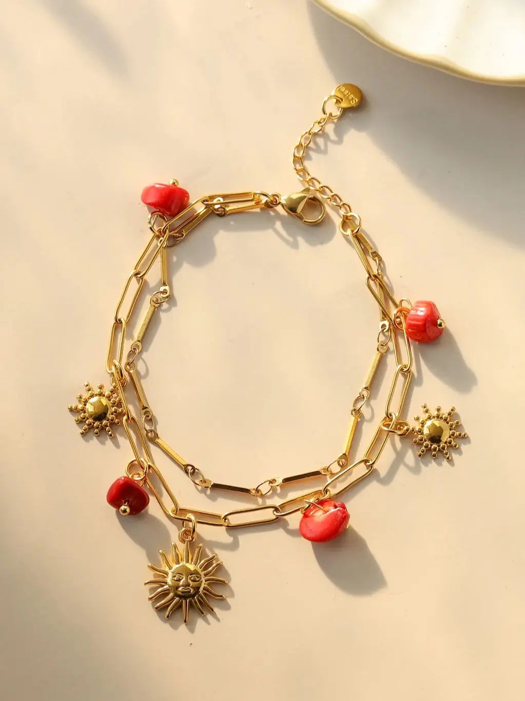 Bracelet Double Chaîne Pierre Rouge